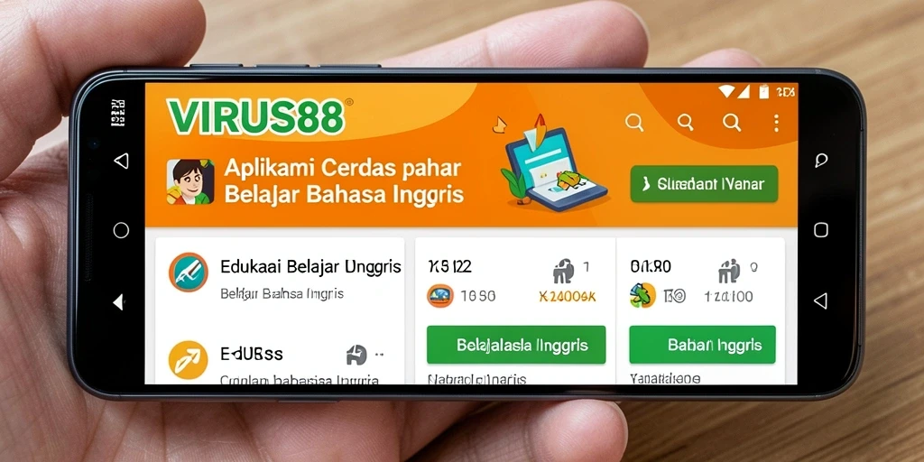 Tampilan antarmuka aplikasi VIRUS88 saat proses belajar bahasa Inggris.